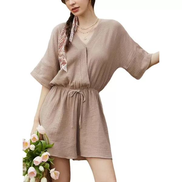 imageCUPSHE Womens Romper Surplice V Neck Floral Short Sleeve Drawstring Waist Wide Leg Overall Outfit Casual Beach Mini JumpsuitKhaki