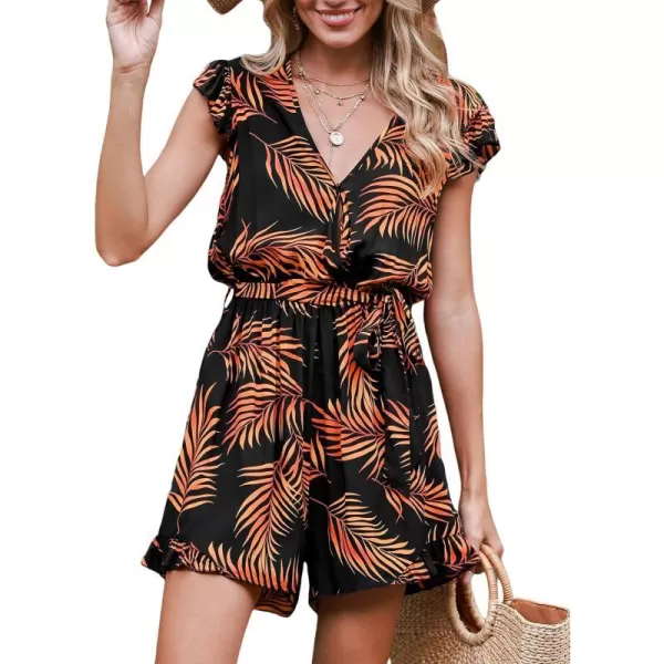 imageCUPSHE Womens Romper Tropical Flutter Sleeve Boho Overall V Neck Wide Leg Outfit Casual BeachBlackOrange Leaves