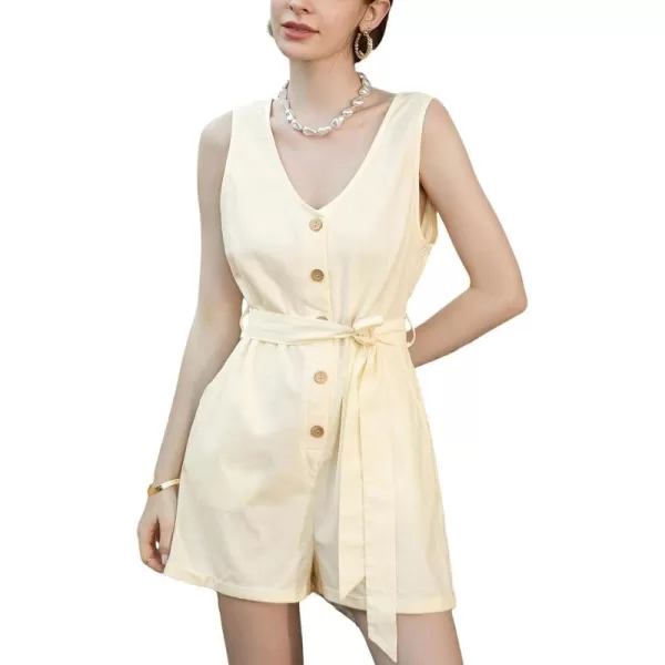 imageCUPSHE Womens Romper V Neck Sleeveless Button Belted Wide Leg Overall Tie Outfit Casual Beach Mini JumpsuitBeige