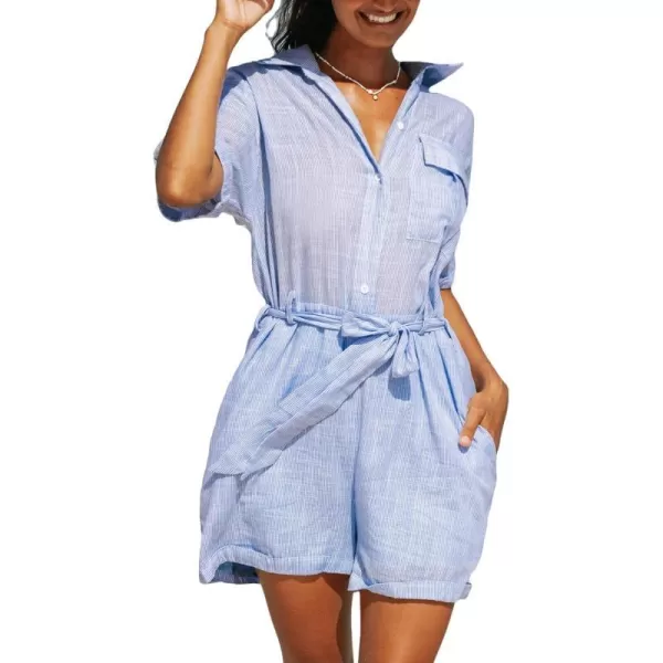 imageCUPSHE Womens Rompers Pinstripe ButtonUp Collared Jumpsuits Wide Leg Overall Front Pocket Outfit Casual DressyBlue