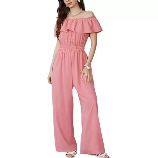 imageCUPSHE Womens Rompers Short Sleeves OffShoulder Neck Jumpsuits Ruffle Smocked Overall Loose Outfit CasualPink