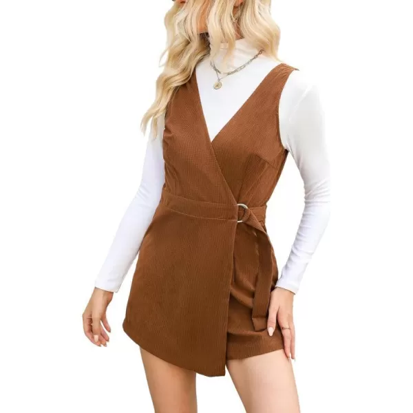 imageCUPSHE Womens Rompers Sleeveless Overlap Collar Wide Leg Rompers V Neck Outfit Casual DressyBrown