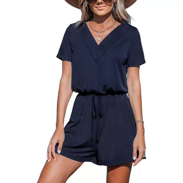 imageCUPSHE Womens Rompers V Neck Drawstring Jersey Jumpsuits Short Sleeve Overall Wide Leg Outfit Casual BeachDark Blue