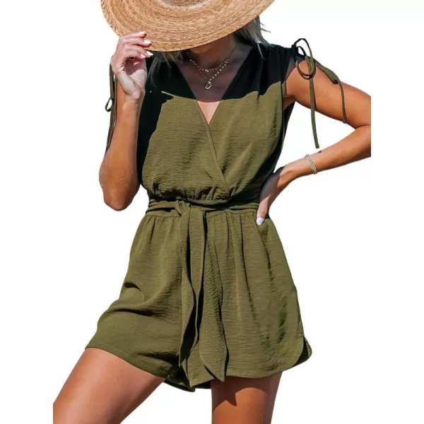 imageCUPSHE Womens Rompers V Neck Shoulder Tie Waist Sleeveless Jumpsuits Straight Leg Loose Outfit CasualOlive Green