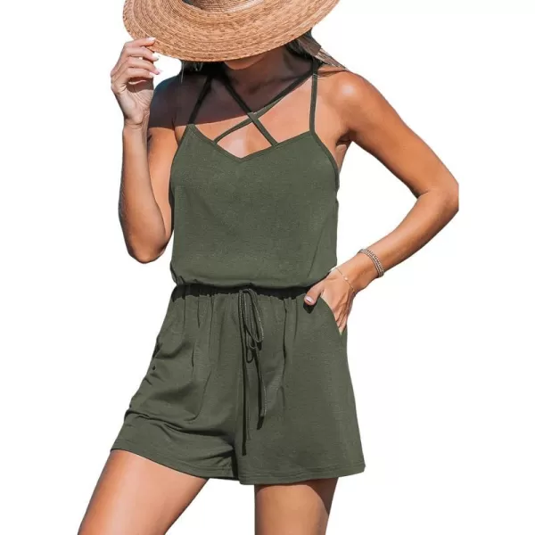 imageCUPSHE Womens Rompers V Neck Sleeveless Jumpsuits Waist Tie Overall Wide Leg Outfit with Pockets Casual BeachGreen