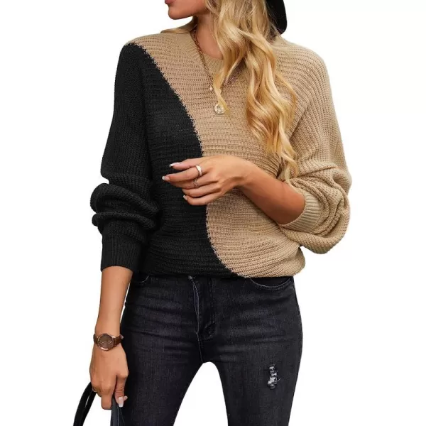 imageCUPSHE Womens Round Neck Color Block Sweater Knit Long Sleeves Fall Pullover with Ribbed TrimBlack amp Brown