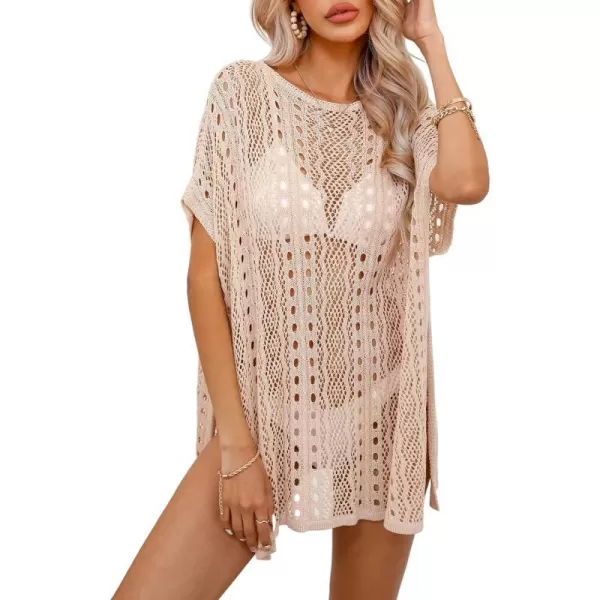 imageCUPSHE Womens Round Neck Crochet Knit Swim Cover Up Beach Mini Dress Short Sleeve Beach DressLight Pink