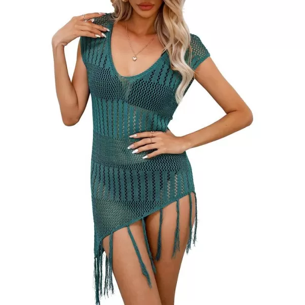 imageCUPSHE Womens Round Neck See Through Bathing Suit Cover Up Tassel Sexy Swimsuit Beach DressTeal