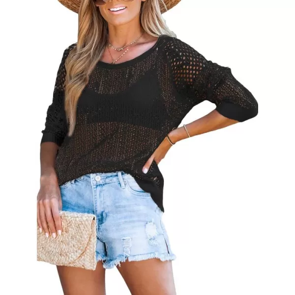 imageCUPSHE Womens Round Neck Sweater Long Sleeve Hollow Out Knit Pullover Casual SweaterBlack