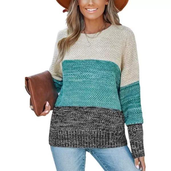 imageCUPSHE Womens Round Neckline Dropped Long Sleeves Ribbed Colorblock Crochet Knit SweaterBlue