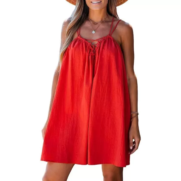 imageCUPSHE Womens Ruched LaceUp Dress Sleeveless Backless Summer Dress with Adjustable Cami StrapsRed