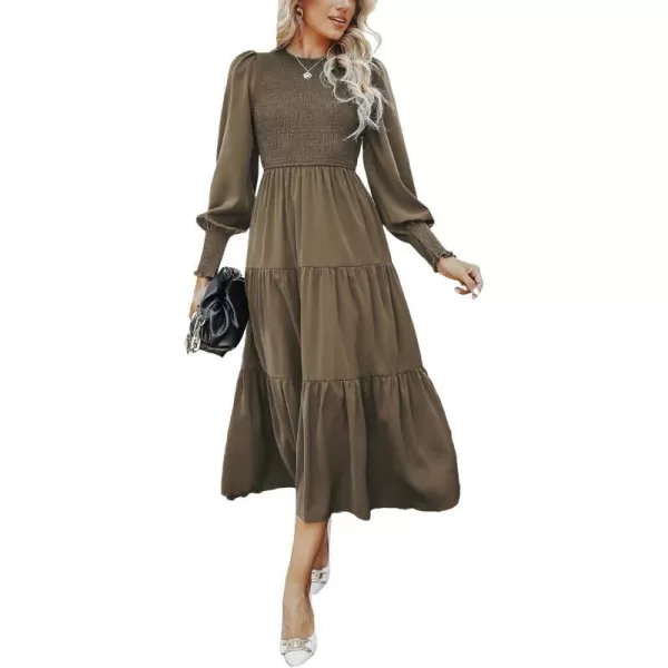 imageCUPSHE Womens Ruched Maxi Dress High Neck Long Sleeves Smocked TieredSepia Brown