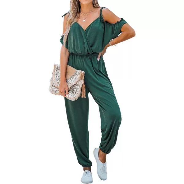 imageCUPSHE Womens Ruched OpenShoulder Jogger Jumpsuit VNeck Romper with Jogger LegOlive Green