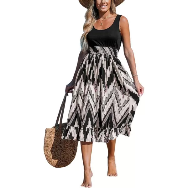 imageCUPSHE Womens Ruffle Beach Dress Smocked Waist Scoop Neck Sleeveless Geo Patterned Midi Summer DressesBlack