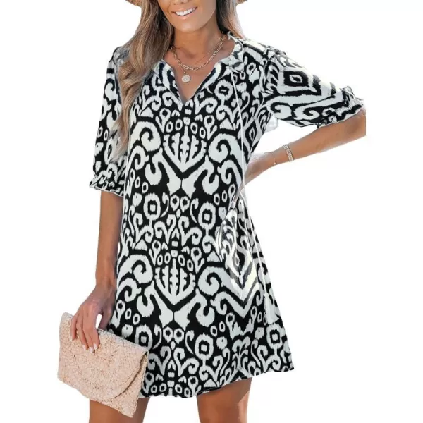 imageCUPSHE Womens Ruffle Beach Dress Split V Neck with Tassel Tie Elastic Half Sleeve Mini Summer DressesBlack