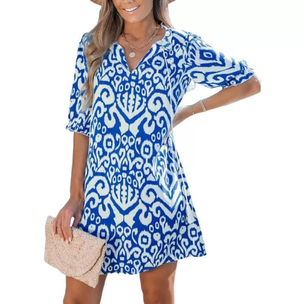 imageCUPSHE Womens Ruffle Beach Dress Split V Neck with Tassel Tie Elastic Half Sleeve Mini Summer DressesRoyal Blue