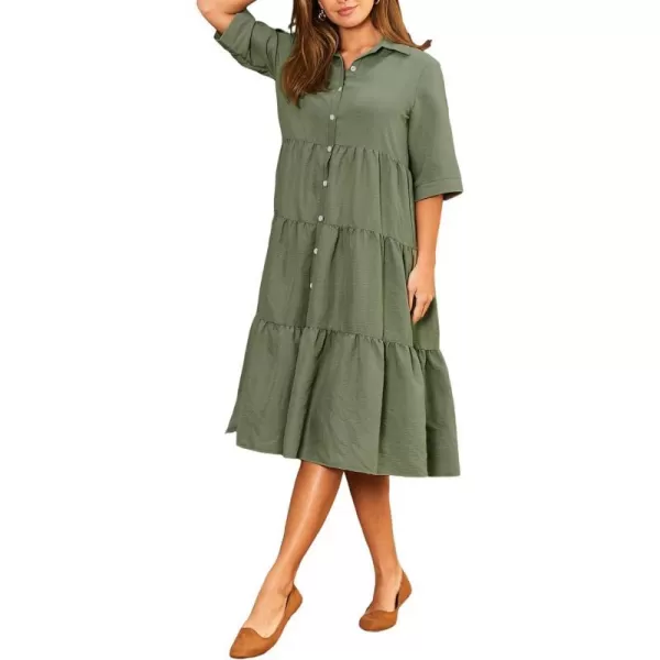 imageCUPSHE Womens Ruffle Maxi Dress Collared Neck Half Sleeve Front Button Flounce Casual Summer DressesOlive