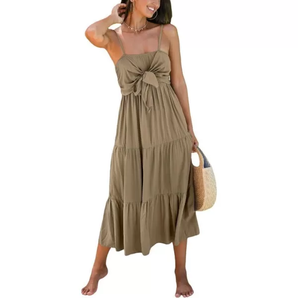 imageCUPSHE Womens Ruffle Midi Dress Bust Tie Smocked Back Adjustable Spaghetti Straps Flounce Hem Summer DressesNeutral