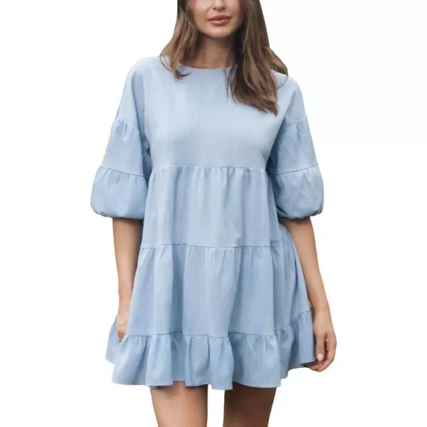 imageCUPSHE Womens Ruffle Puff Sleeve Mini Beach Dress Round Neck Casual Summer DressesLight Blue
