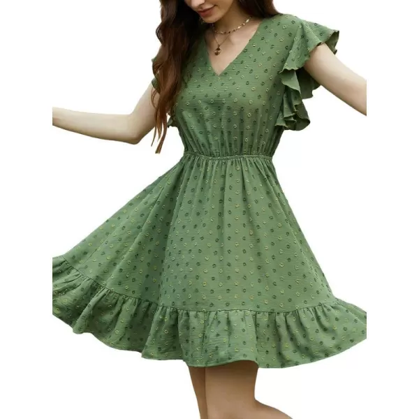 imageCUPSHE Womens Ruffle V Neck Dress Cinched Waist Tie Back Short Flutter Sleeve Flounce Hem Mini DressesGreen