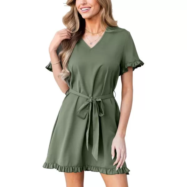 imageCUPSHE Womens Ruffle V Neck Dress Tie Waist Short Sleeve Mini Casual Summer DressesGreen