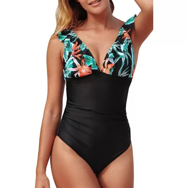 imageCUPSHE Womens Ruffled One Piece Swimsuit V Neck Lace UpTropical Flower Print