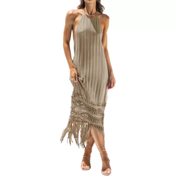 imageCUPSHE Womens Scoop Neck Backless Dress Formal Dress Sleeveless Bodycon A Line Rib Fringe Tassel Long Maxi DressKhaki