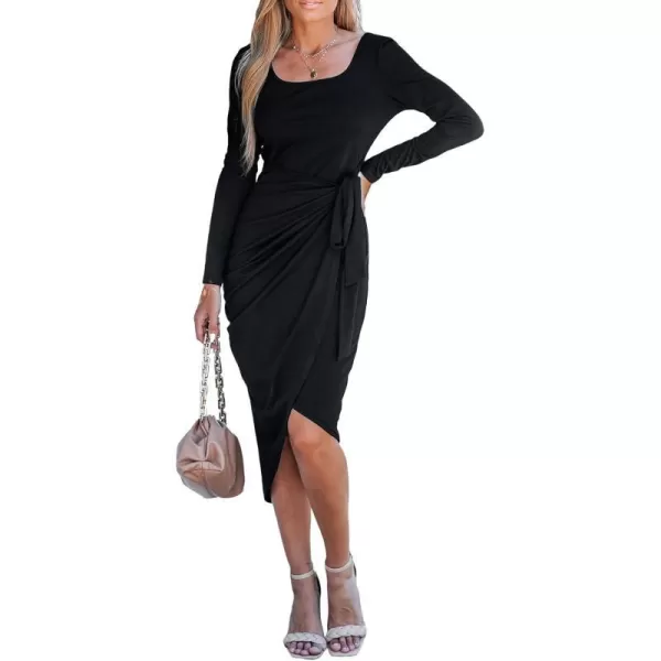 imageCUPSHE Womens Scoop Neck Belted Long Sleeve Wrap Midi Dress Casual Bodycon Short DressBlack