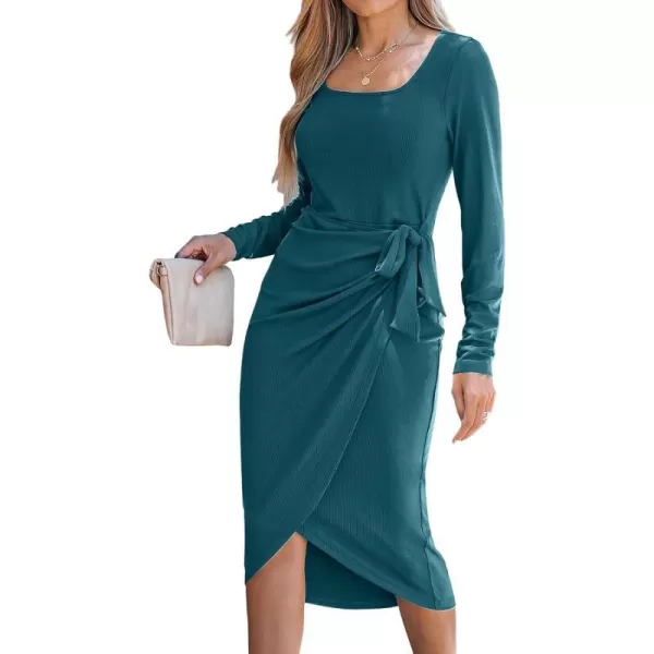 imageCUPSHE Womens Scoop Neck Belted Long Sleeve Wrap Midi Dress Casual Bodycon Short DressTeal