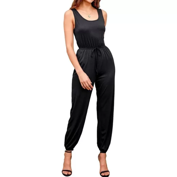 imageCUPSHE Womens Scoop Neck Drawstring Jogger Romper Tank Jumpsuit Cami Straps OutfitBlack
