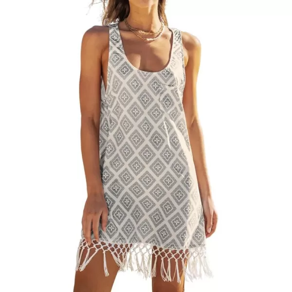 imageCUPSHE Womens Scoop Neck Geo Print Fringe Cover Up Mini Wide Straps Cover Up DressGrey