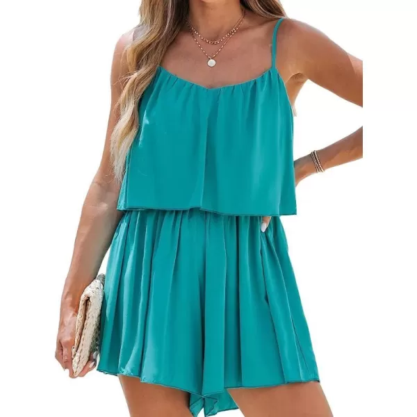 imageCUPSHE Womens Scoop Neck Shirring Teal Adjustable Cami Short Romper Elastic Waist Summer Casual Overalls Mini JumpsuitTeal