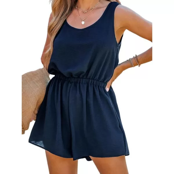 imageCUPSHE Womens Scoop Neck Sleeveless Short Romper Elastic Waist A Line Mini JumpsuitNavy Blue