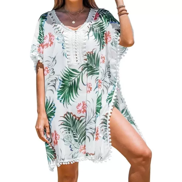 imageCUPSHE Womens Scoop Neck Tropical Floral Print Tassel Slit CoverUp Short Sleeves Mini DressWhite Floral