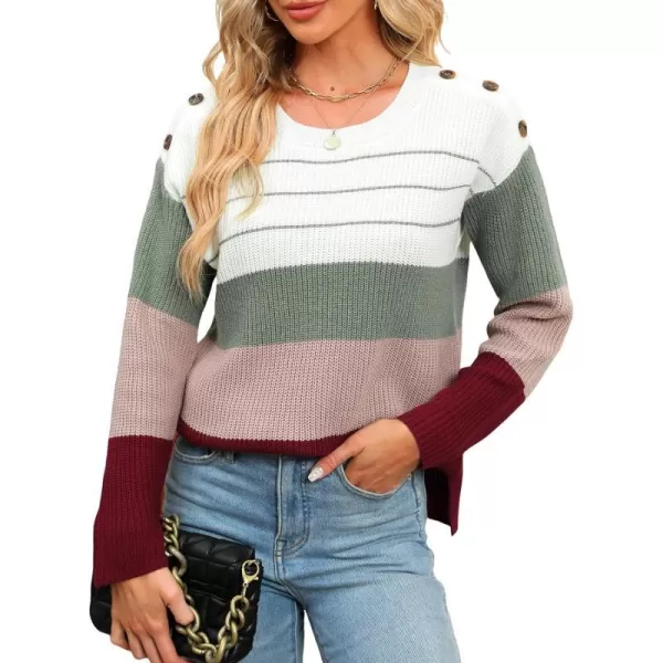 imageCUPSHE Womens Scooped Neck Stripes Long Sleeves Buttoned Knitted Casual Jumper SweaterWhite and Olive