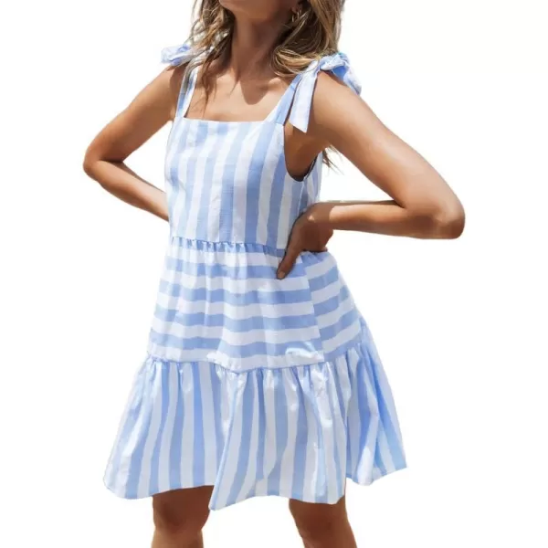 imageCUPSHE Womens Self Tie Straps Striped Ruffled Sleeveless Summer Mini DressBlue Striped