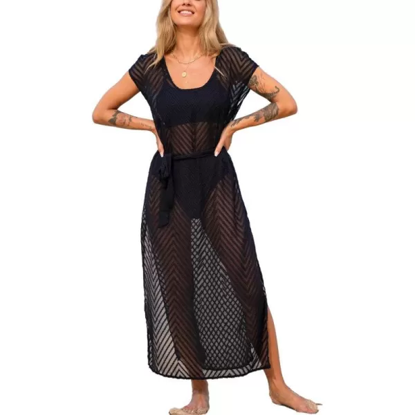 imageCUPSHE Womens Self Waist Tie Cover Up Maxi Dress Side Slit Swimsuit Coverups Lace Sheer Beach Wear 2024Black