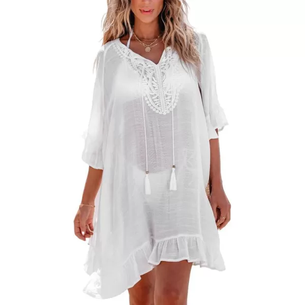 imageCUPSHE Womens Semi Sheer Bathing Suit Cover Up Lace Sun Dresses Tassel V Neck Beach Ruffle Hem 2024Sheer White