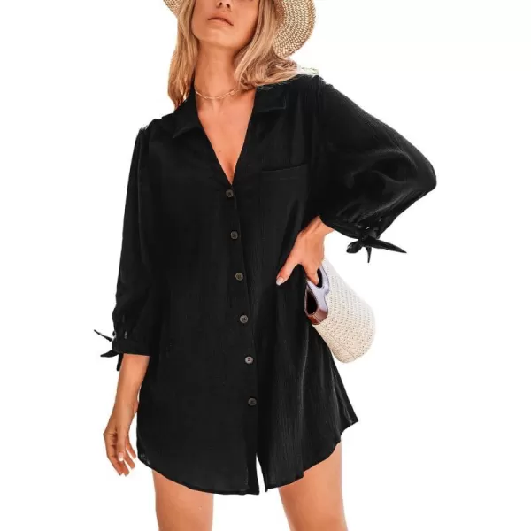 imageCUPSHE Womens Shirt Cover Up V Neck Swimsuit Button Down Casual Beach Dress 2024Black