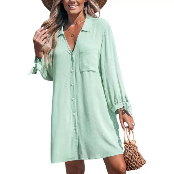 imageCUPSHE Womens Shirt Cover Up V Neck Swimsuit Button Down Casual Beach Dress 2024Mint Green