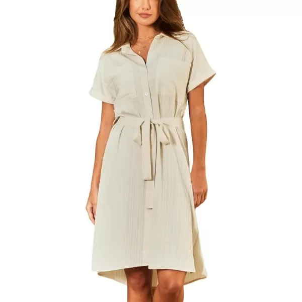 imageCUPSHE Womens Shirt Midi Dress Collared Neck Short Sleeve Front Buttons Waist Tie Side Slit Dresses with Patch PocketsBeige