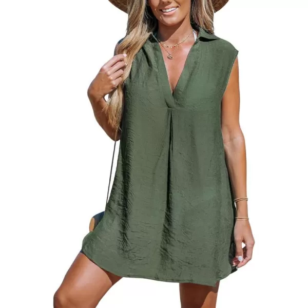 imageCUPSHE Womens Sleeveless Swimsuit Cover Up Bathing Suit Casual V Neck Beach Basic DressGreen