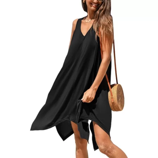 imageCUPSHE Womens Sleeveless Swimsuit Cover Ups Cutout Irregular Hem Knit Flowy Midi DressBlack