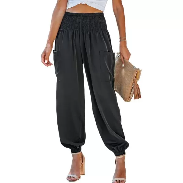 imageCUPSHE Womens Smocked High Waist Ruched Joggers Pants with Side Patch PocketsBlack