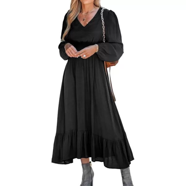 imageCUPSHE Womens Smocked Ruffled Maxi Dress Long Sleeves Dresses V Neck Dressing CasualBlack