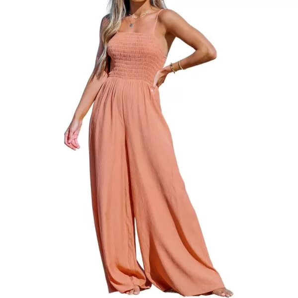 imageCUPSHE Womens Smocked Wide Leg Jumpsuit Spaghetti Straps Romper Sleeveless Tube Neck OutfitOrange