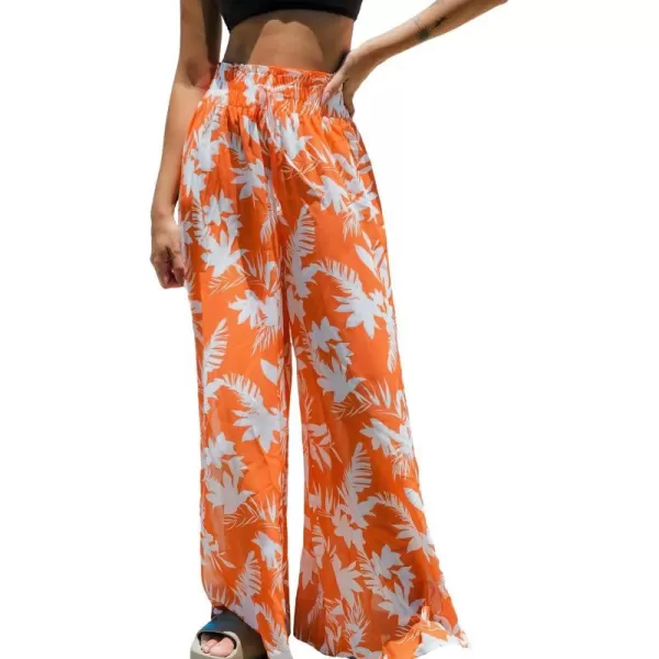imageCUPSHE Womens Smoked Cover Up Pants Bathing Suit Bottom Summer Wide Lege Beach Wear Side Slit Sheer Tropical 2024Orange Floral