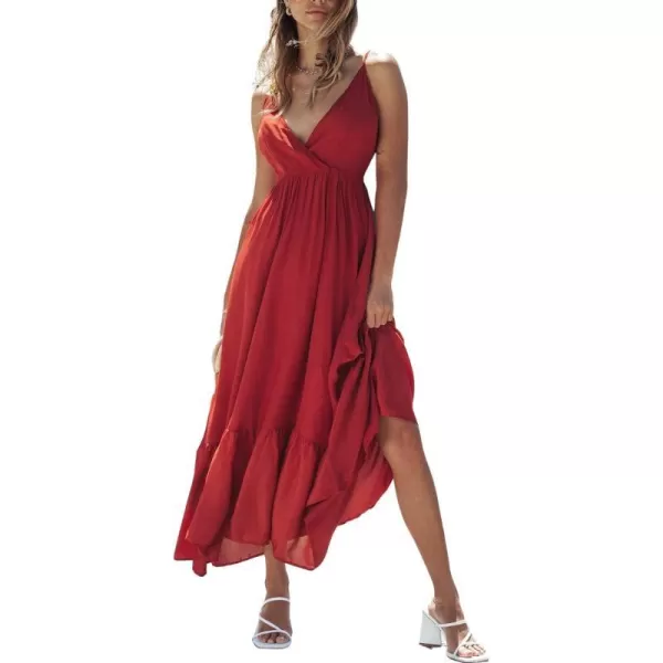 imageCUPSHE Womens Solid Backless Cami Maxi Dress Tiered Hem Spaghetti Straps A Line DressRed