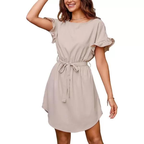 imageCUPSHE Womens Solid Belted Ruffled Mini Dress Round Neck Casual A Line DressApricot