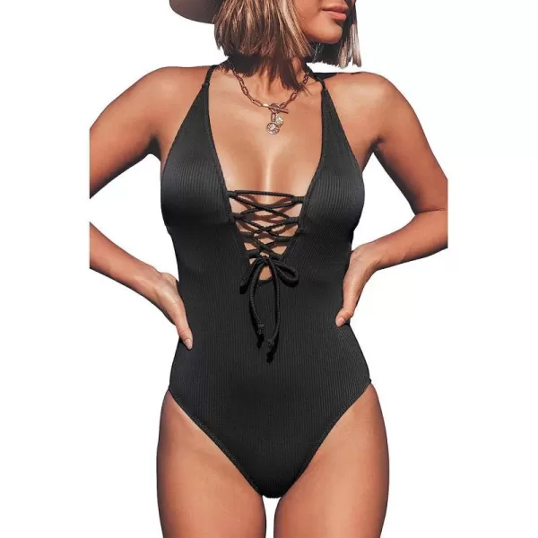 imageCUPSHE Womens Solid Color V Neck Lace Up One Piece SwimsuitBlack